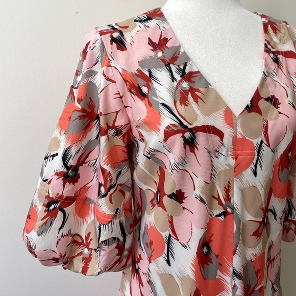 CAARA Asti Midi Dress Size M Pink Coral Red Floral V-neck Puff Sleeve Spring - Picture 3 of 9